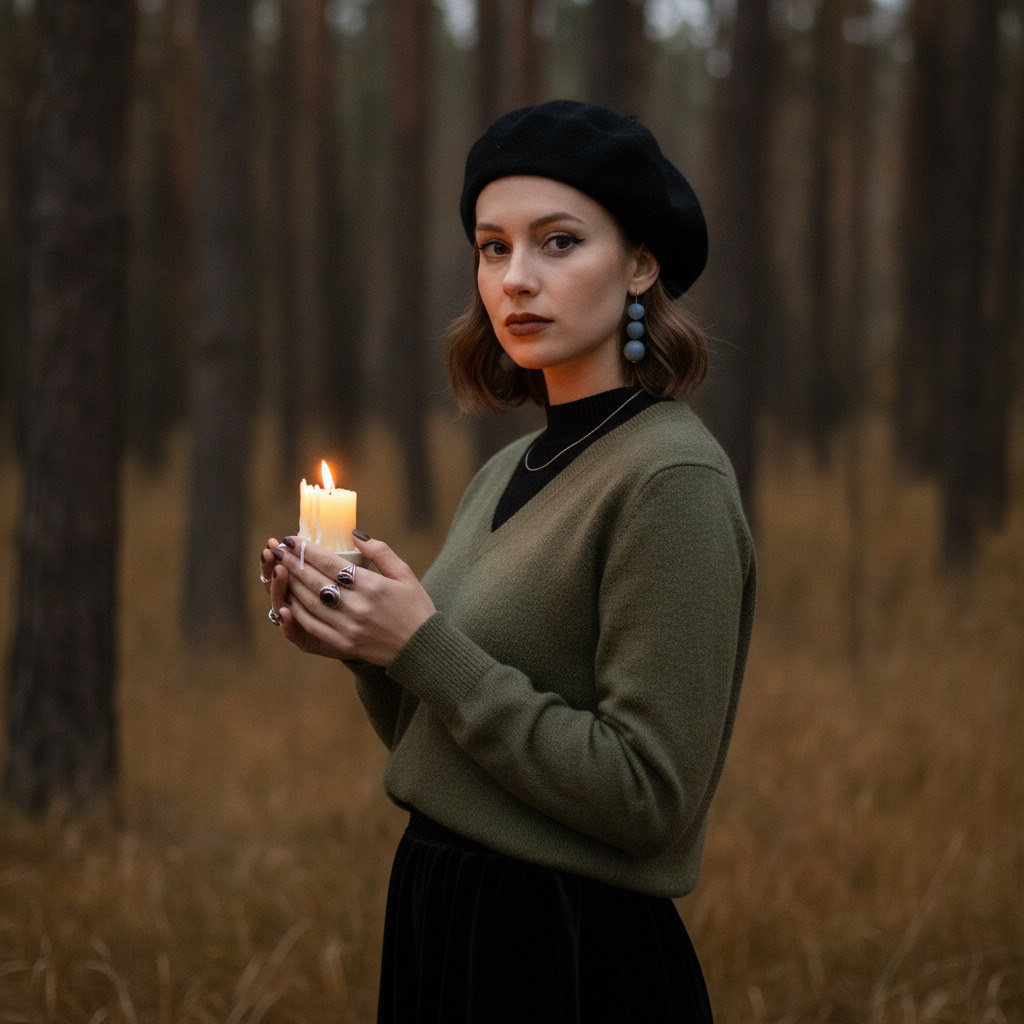 Женщина с свечой в лесу — пример генерации нейросети