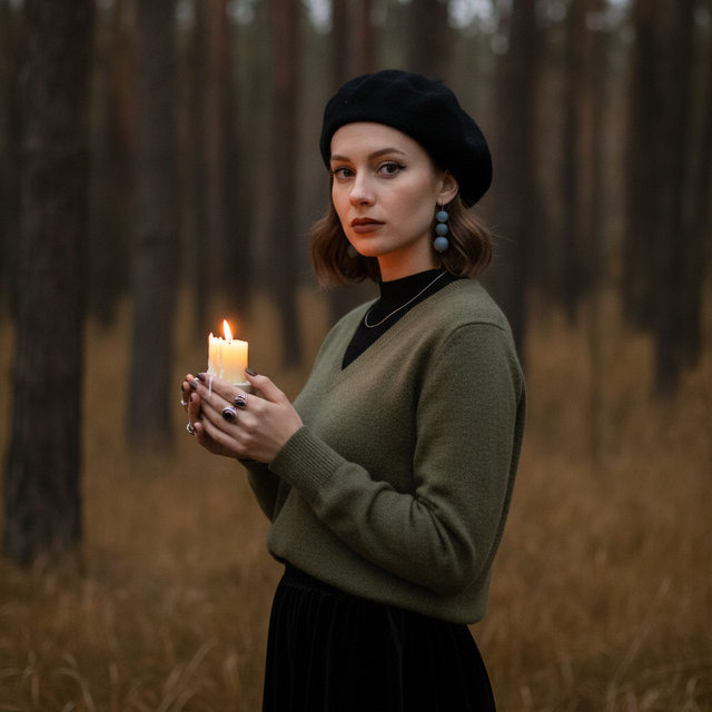 Женщина с свечой в лесу — категория «портрет» — промпт для нейросети
