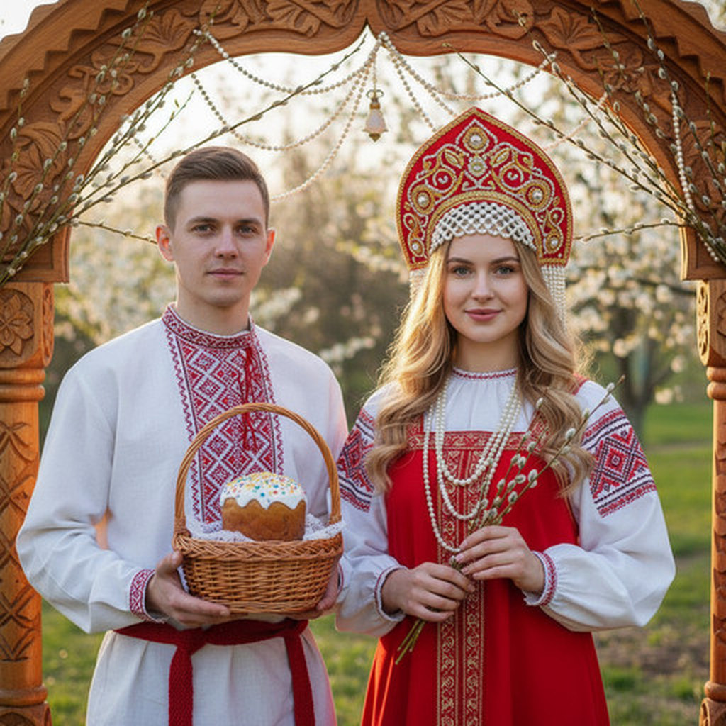 Пара в традиционных костюмах на Пасху