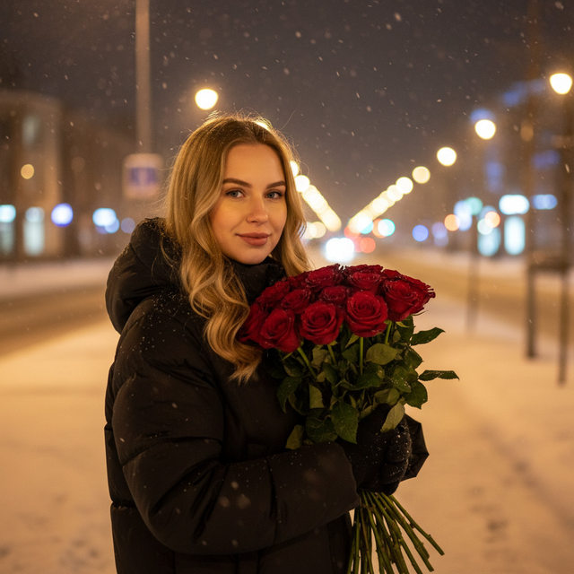 Ночное фото с букетом — категория «портрет» — промпт для нейросети