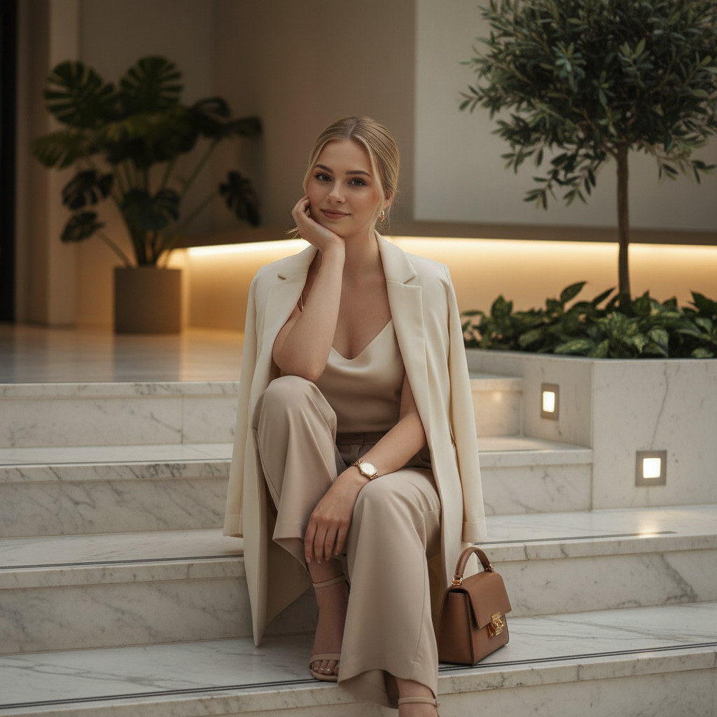 Девушка сидит на мраморных ступенях