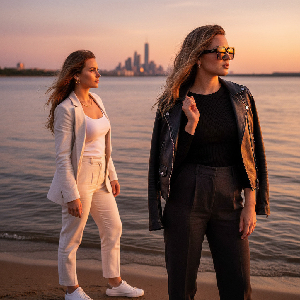 Две подруги стоят у воды