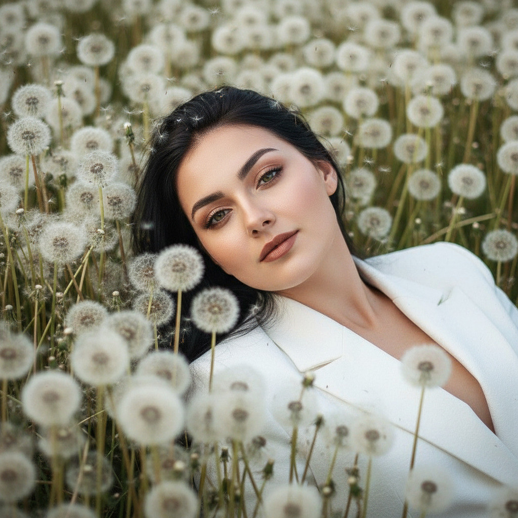 Женщина в поле одуванчиков
