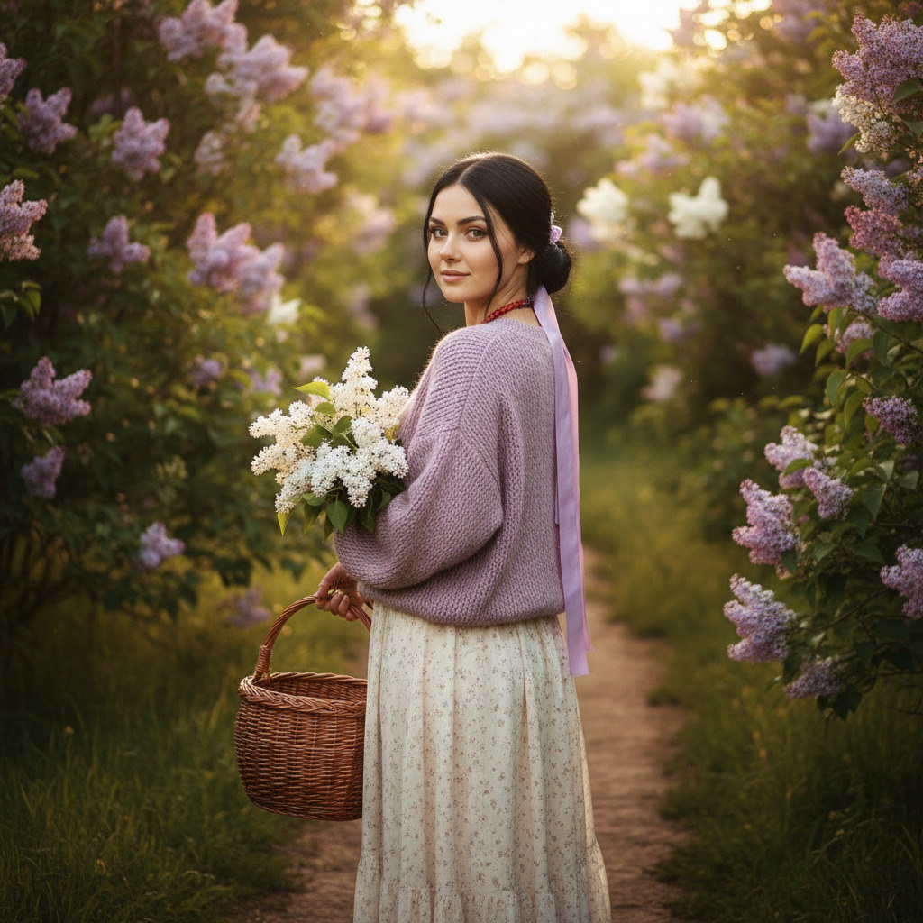 Женщина в саду с цветущей сиренью