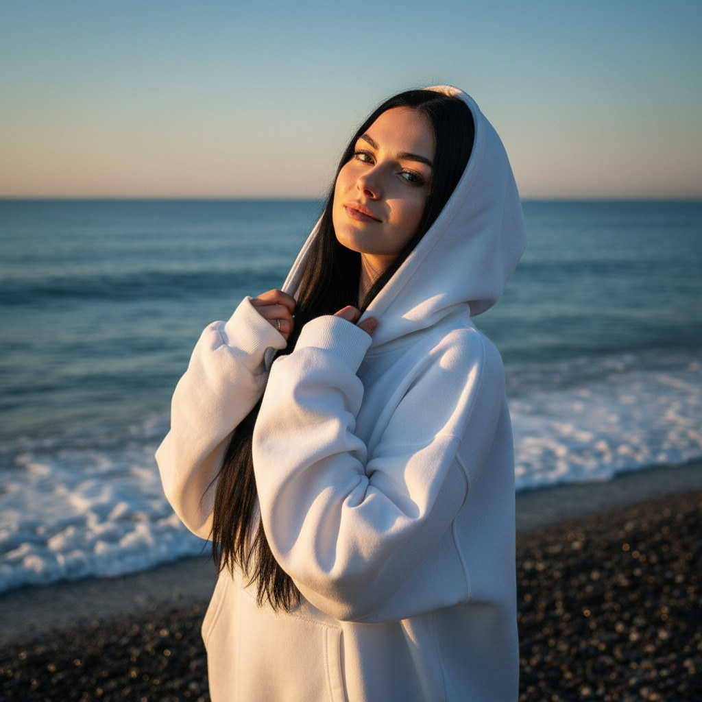 На пляже в худи