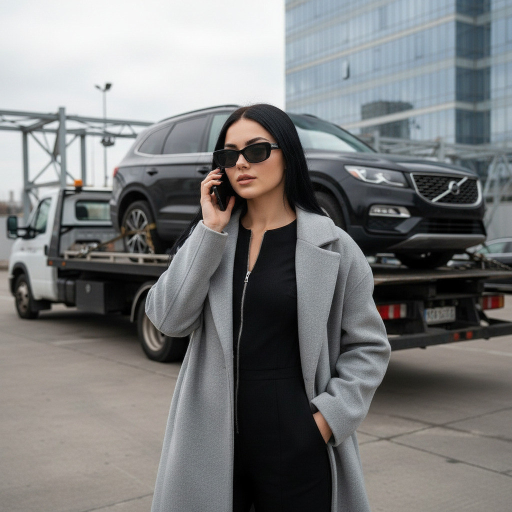 Кадр девушка рядом с эвакуатором