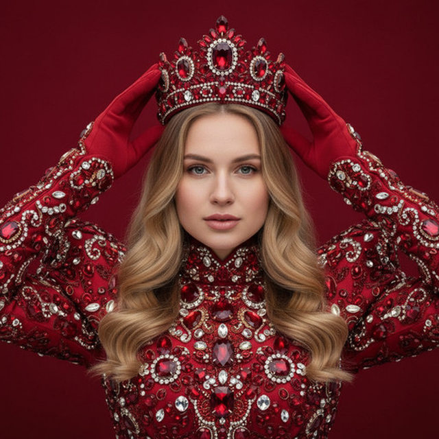 Роскошный портрет женщины на красном фоне — категория «креатив» — промпт для нейросети