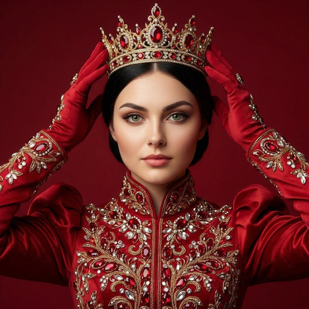 Женщина в роскошном наряде на красном фоне